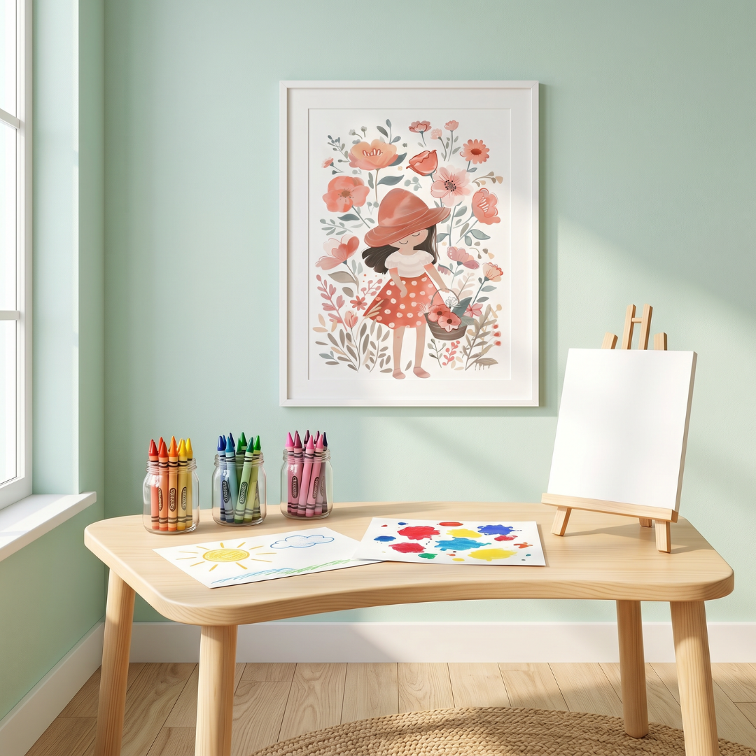 Floral Girl Illustration Poster — Cute Boho Nursery Wall Art