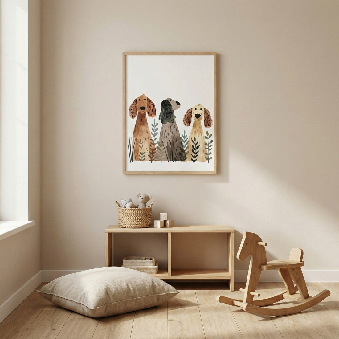 Trio dogs framed art print with cute dog illustration for nursery kids room decor