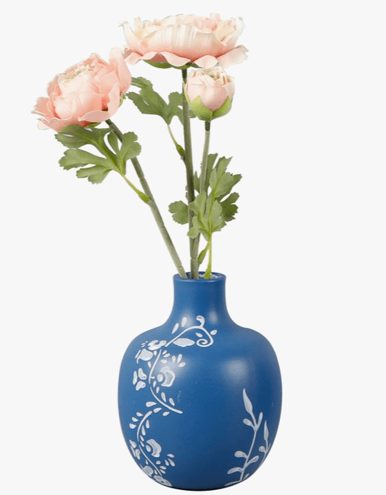 Artificial Blue Flower Pattern Ceramic W Pink Ranunculus
