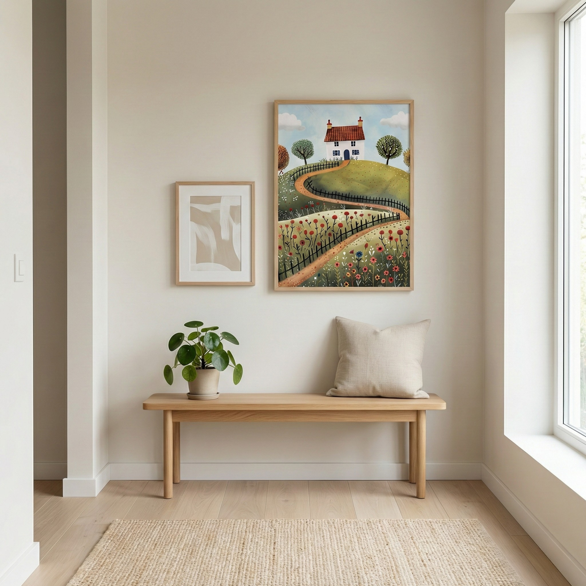 Cottage on a winding hill poster with vintage landscape illustration for nursery decor