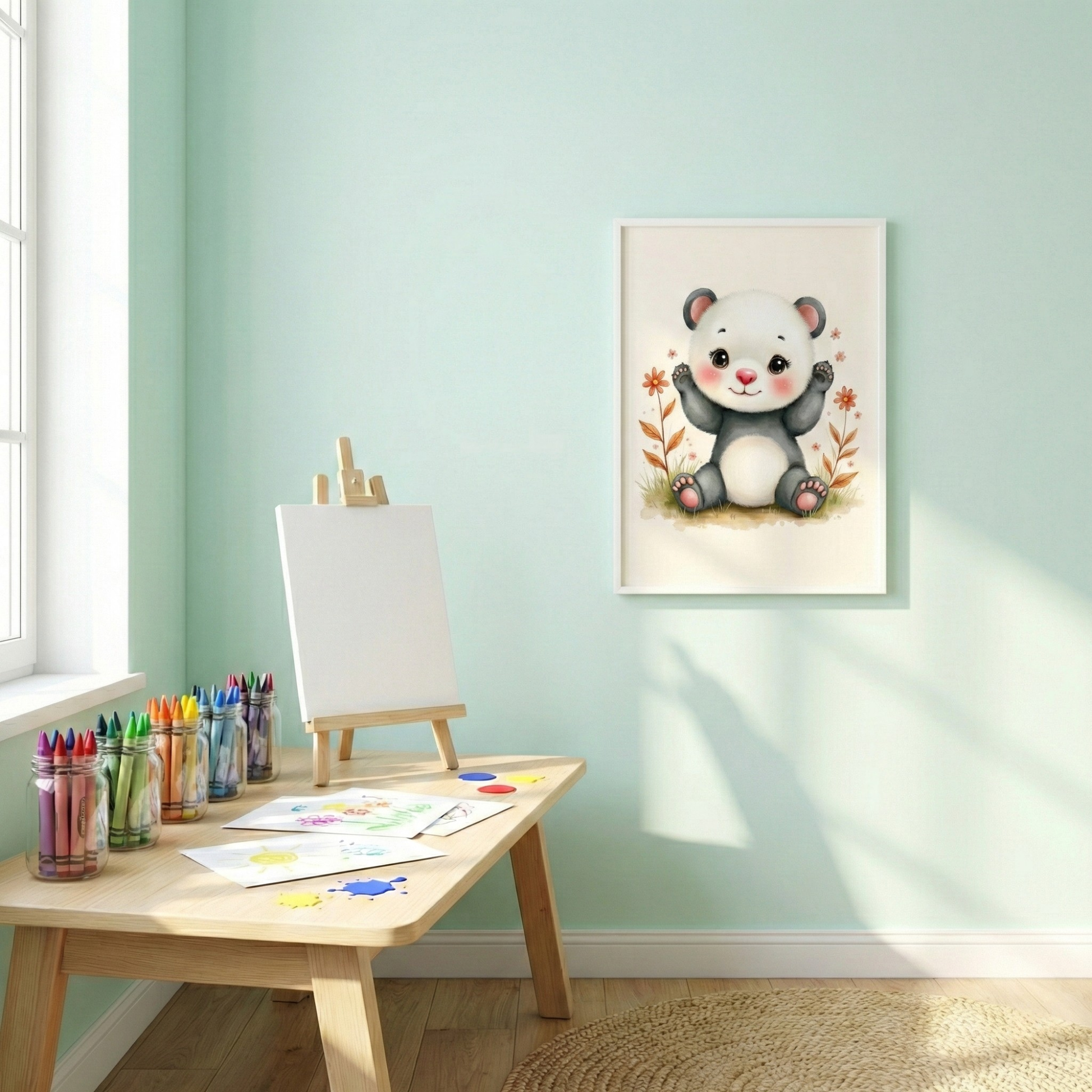 Panda print wall art featuring a cute baby panda for nursery room decor