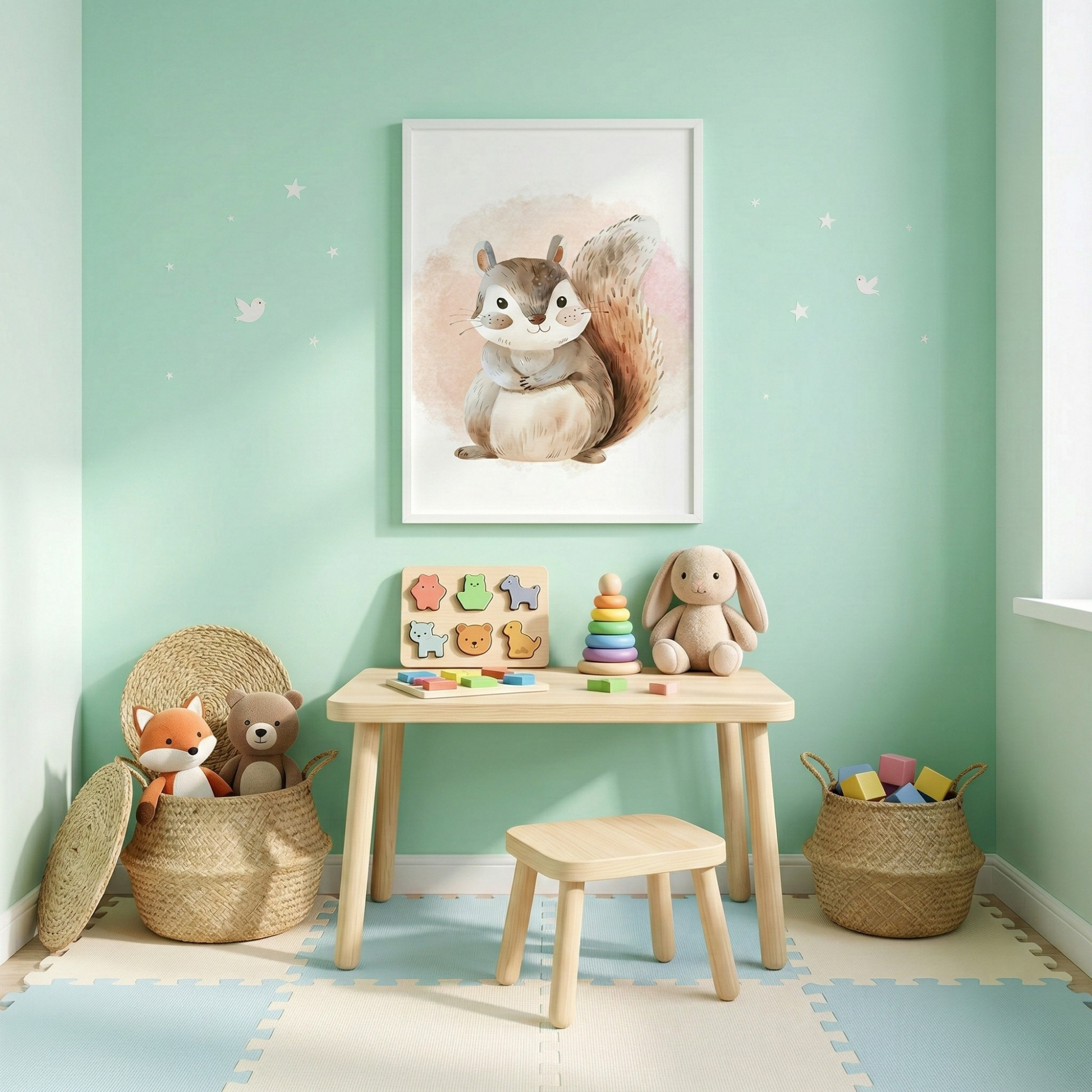 Squirrel wall art for baby room decor with cute woodland animal illustration
