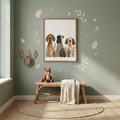 Trio of dogs nursery art frame with cute canine illustration for kids room wall decor