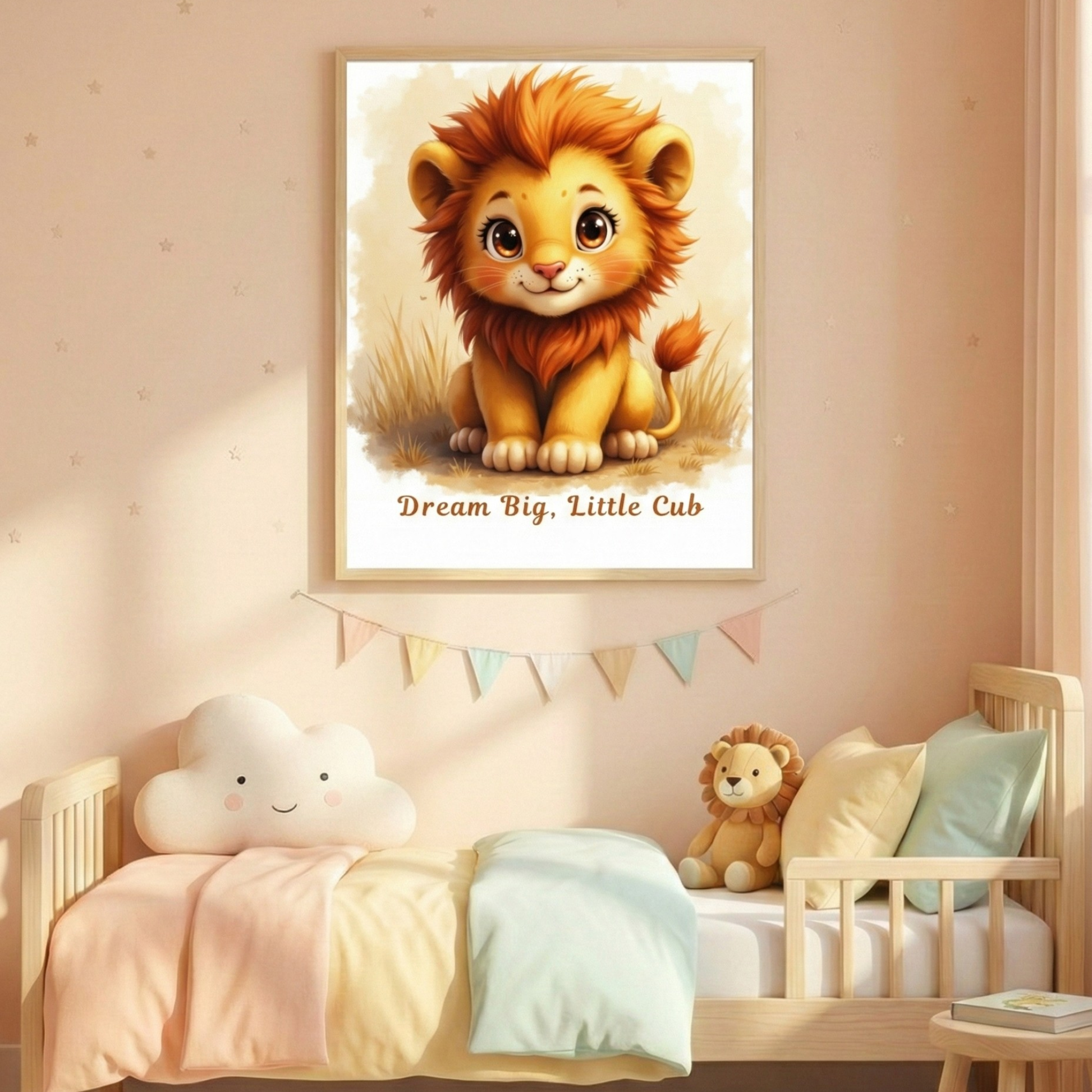 Baby lion printable wall art poster with cute cub illustration for nursery room decor