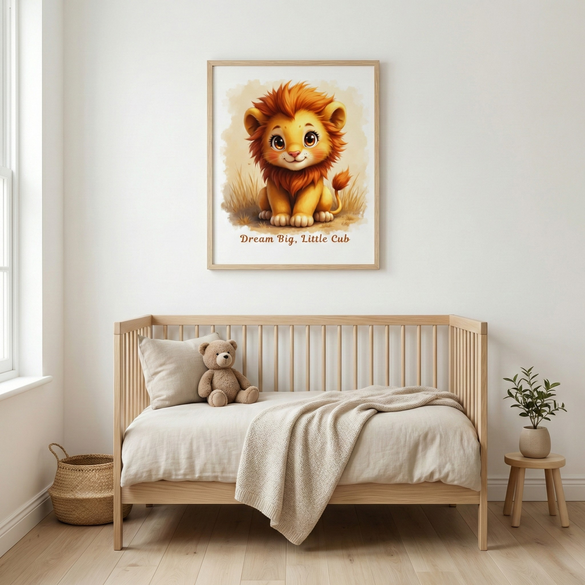 Baby lion wall decor with cute cub illustration for nursery room art