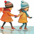 Best friends clipart poster with kids ice skating illustration for nursery wall decor