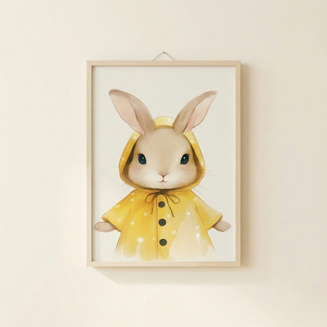 Cute bunny nursery wall art featuring rabbit in yellow raincoat pastel illustration decor