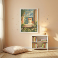 Cat open window wall art poster with cute kitten and floral garden nursery decor