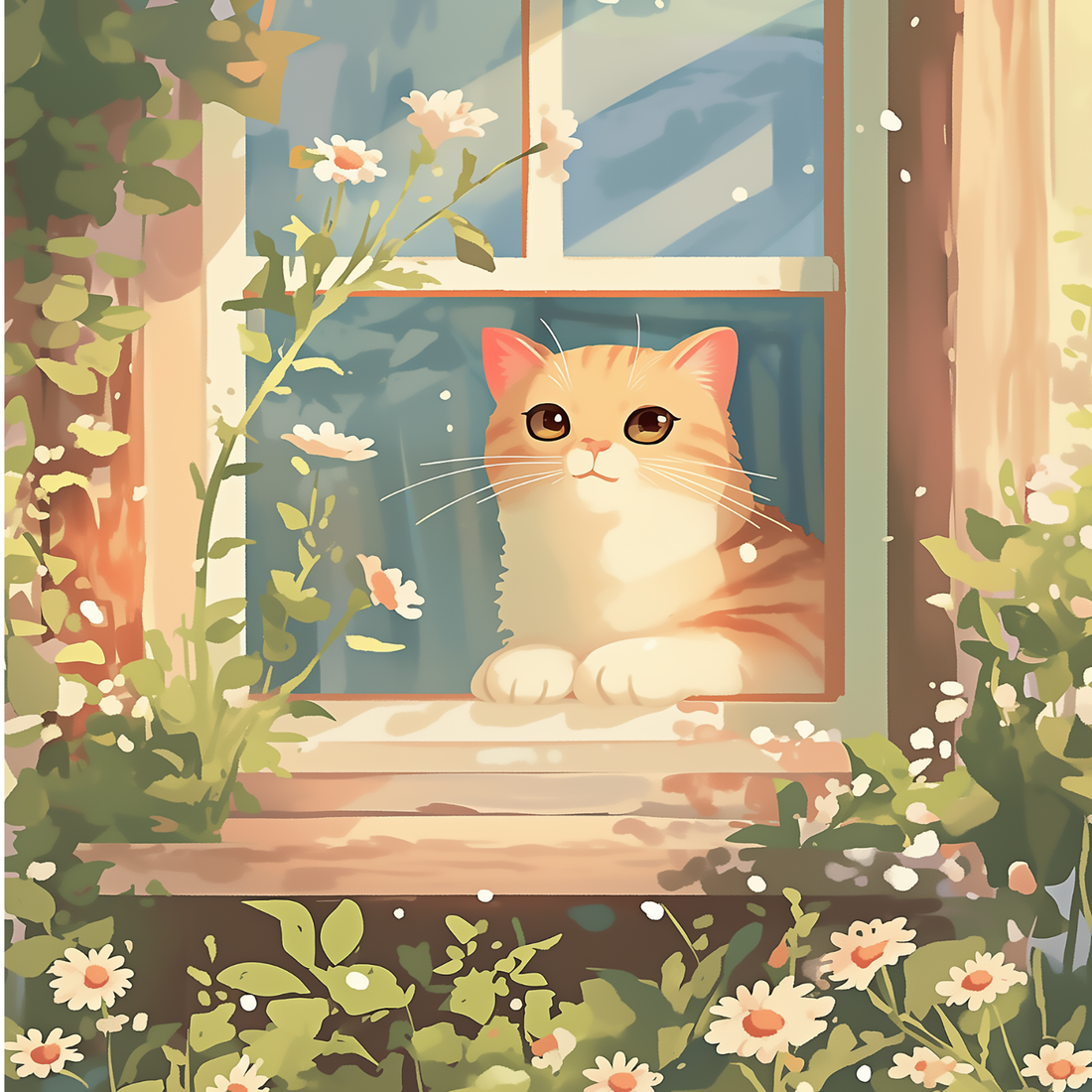 Cat wall art poster featuring cute kitten in window with floral garden nursery decor