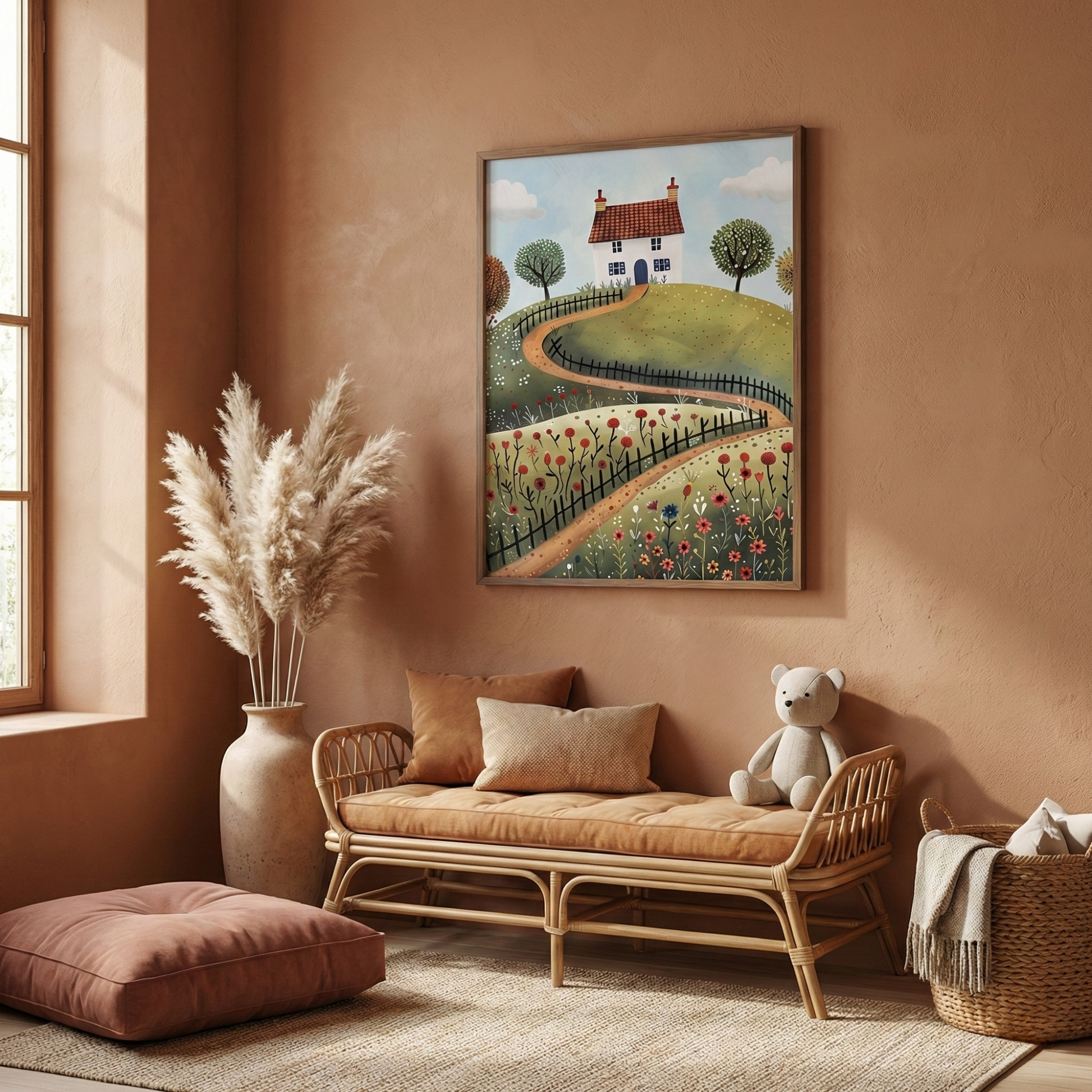 Cottage landscape nursery wall print with vintage house illustration for kids room decor