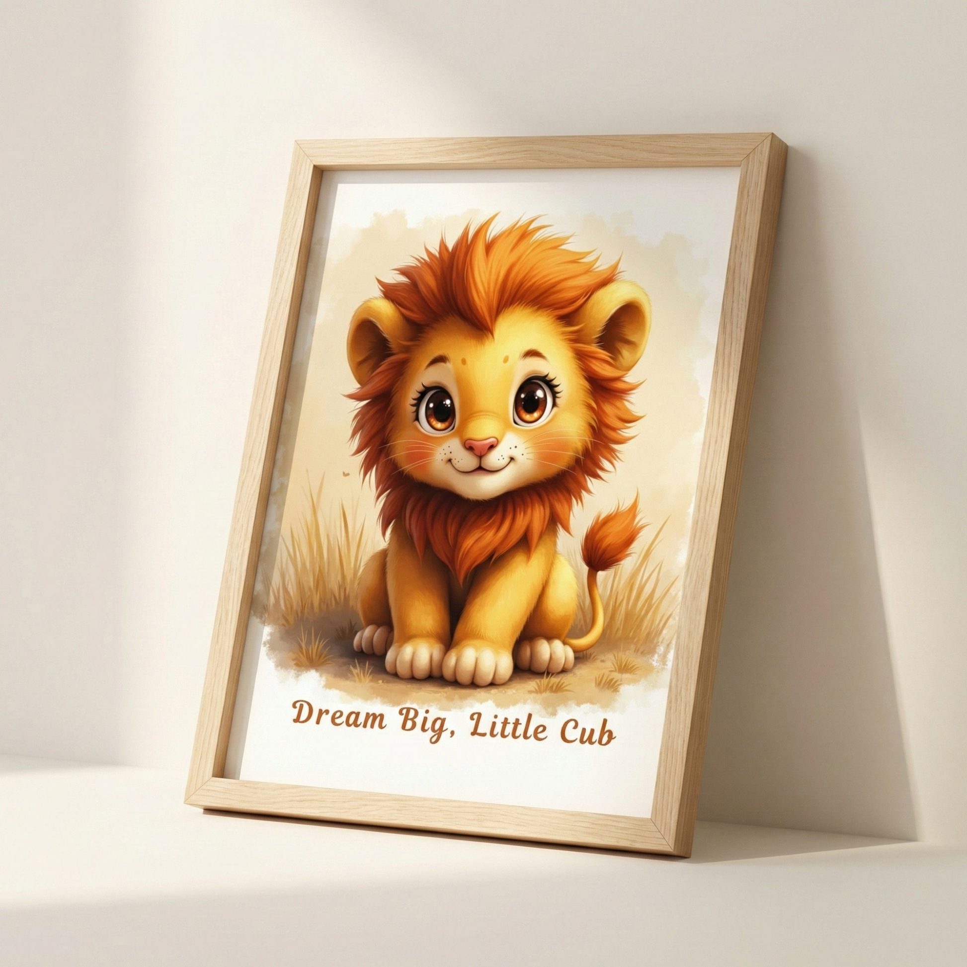Cute baby lion poster with adorable cub illustration for nursery wall art decor
