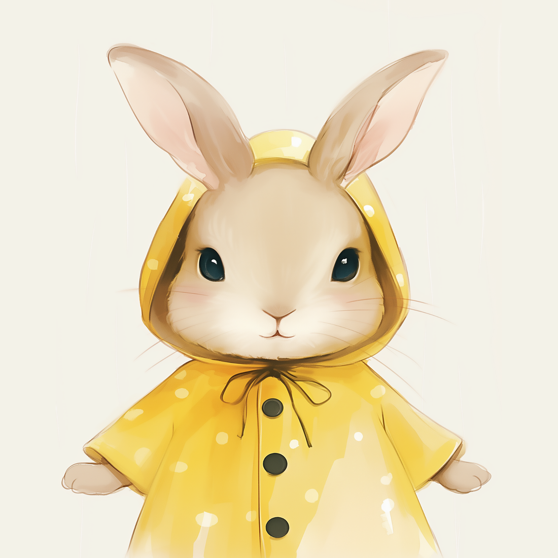 Cute bunny nursery wall art featuring rabbit in yellow raincoat pastel illustration decor