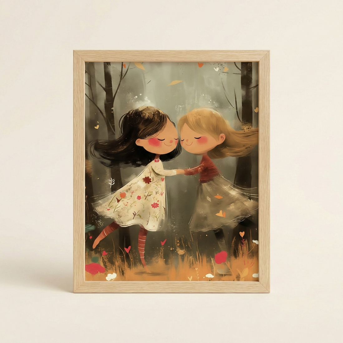 Whimsical friends dancing art poster with girls illustration in soft dreamy forest wall decor