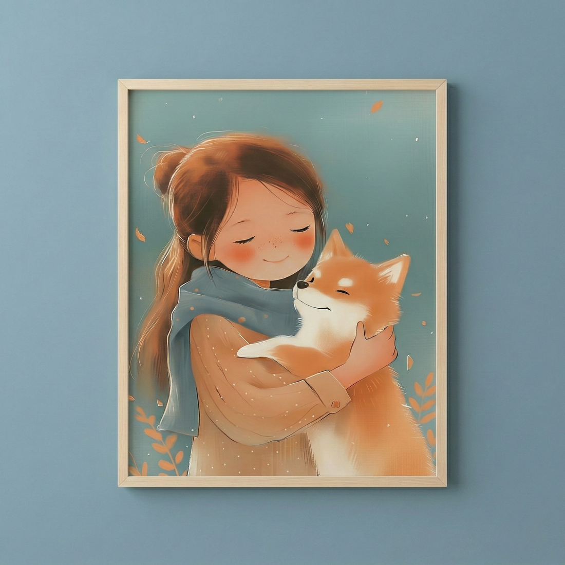 Shiba Inu wall art with girl hugging dog illustration in soft pastel kids room decor