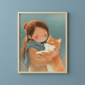 Cute girl hugging Shiba Inu poster with soft pastel illustration for kids room wall decor