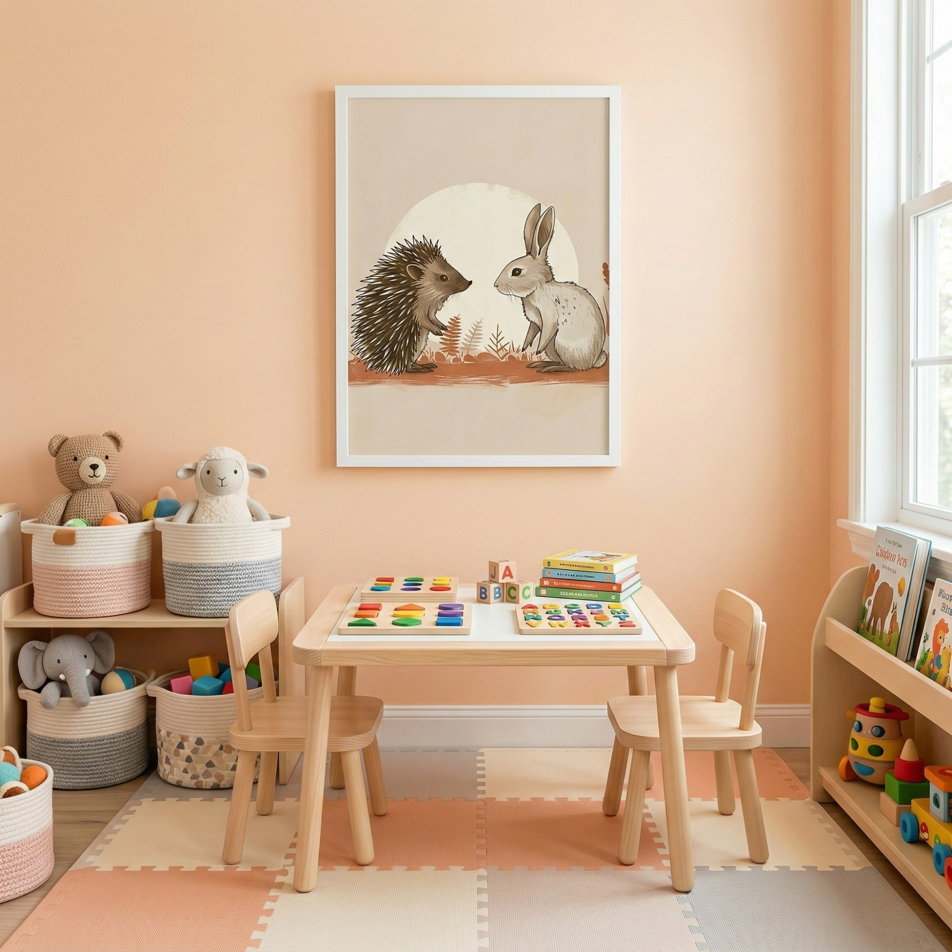 Hedgehog and bunny nursery wall art poster for cozy woodland kids room decor