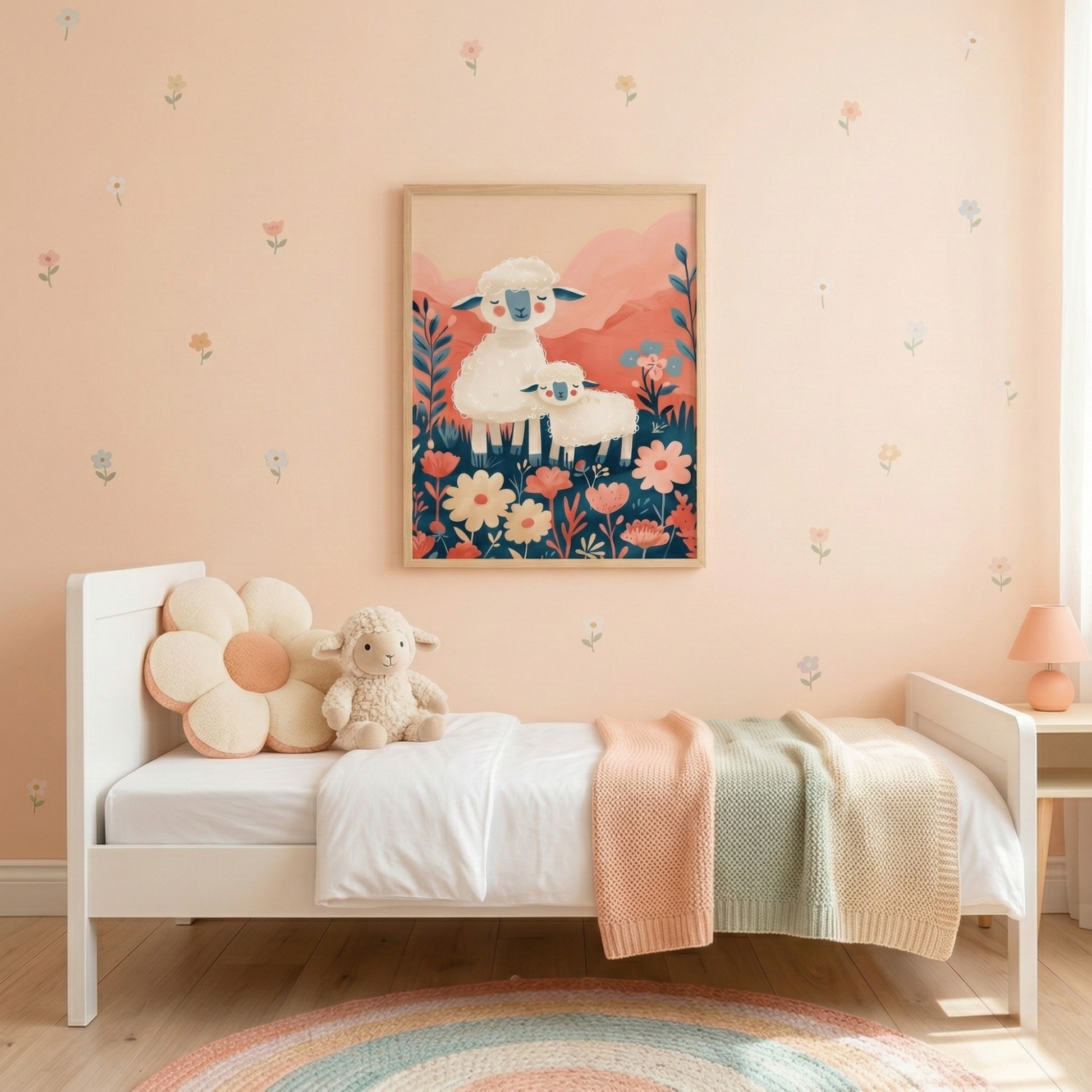 Cute sheep family nursery wall art with lamb floral illustration framed baby room decor