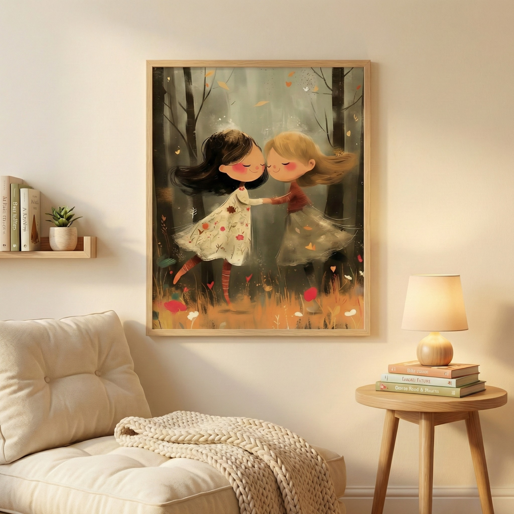 Dancing couple vintage wall art poster with whimsical illustration for nursery room decor