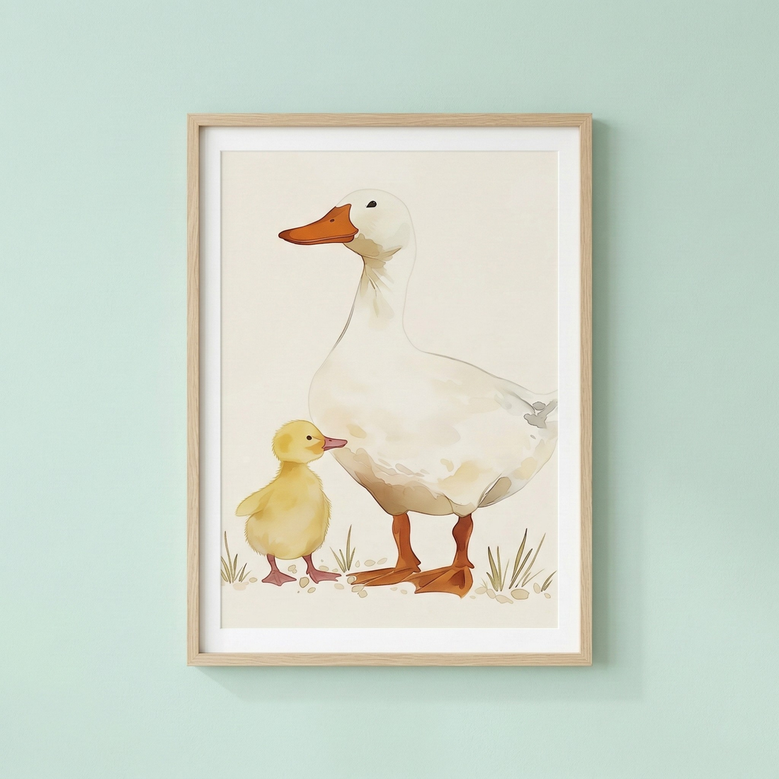 Duck nursery wall art featuring a mother duck and duckling in soft pastel illustration style