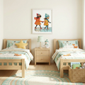 Friends enjoying winter illustration poster with kids ice skating nursery wall art