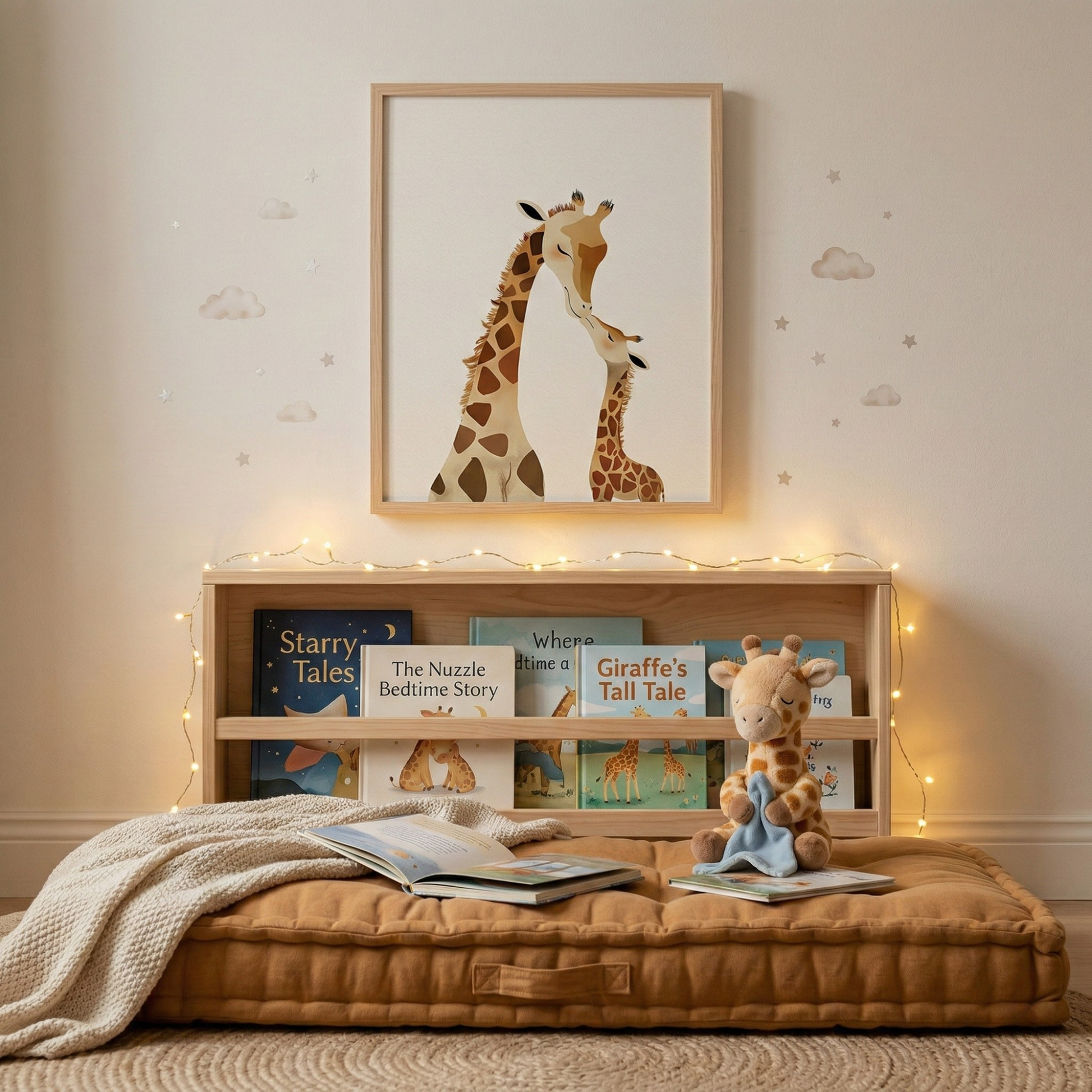 Giraffe nursery wall art with safari animal illustration for baby room decor