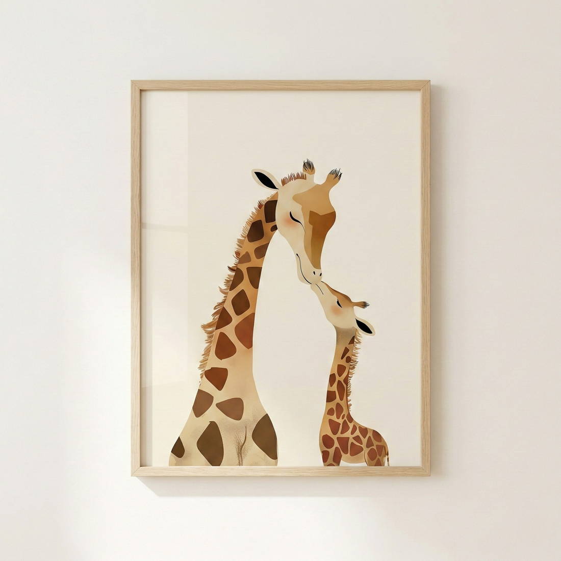 Tender moment of a mother and baby giraffe captured in soft safari-style nursery wall art