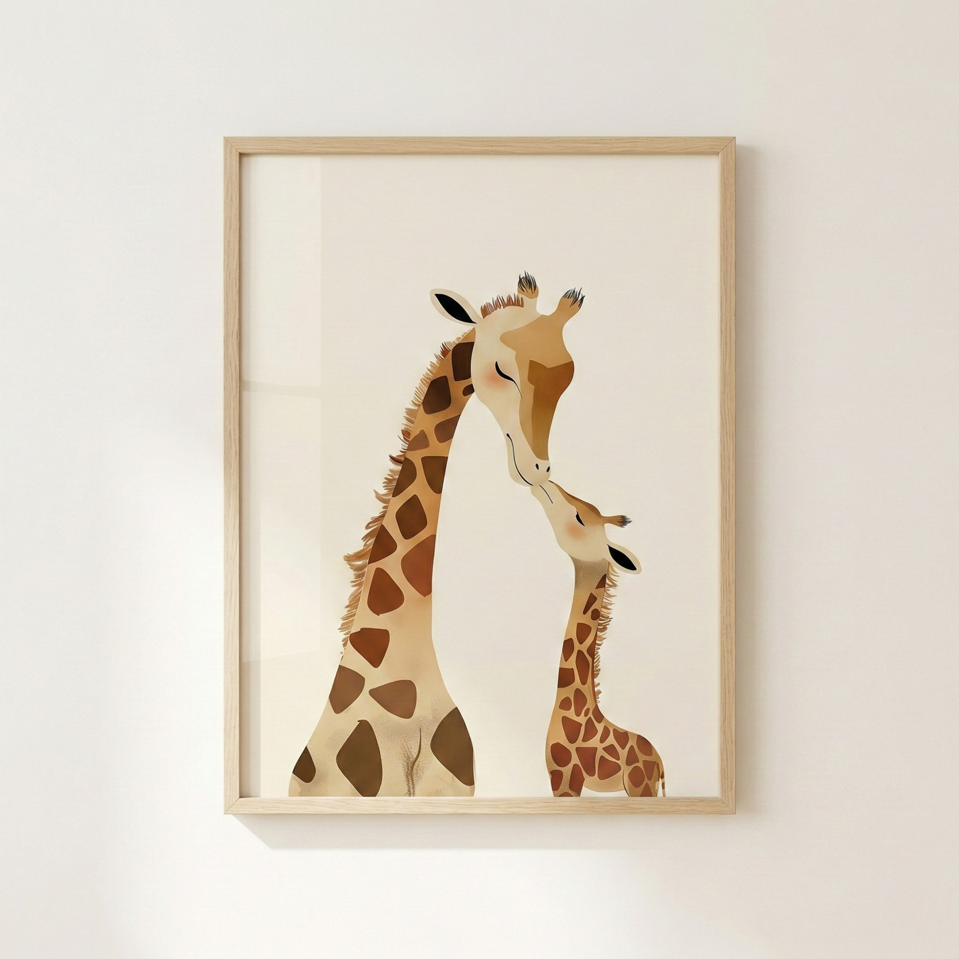 Giraffe wall art poster with mother and baby safari animal illustration for nursery room decor