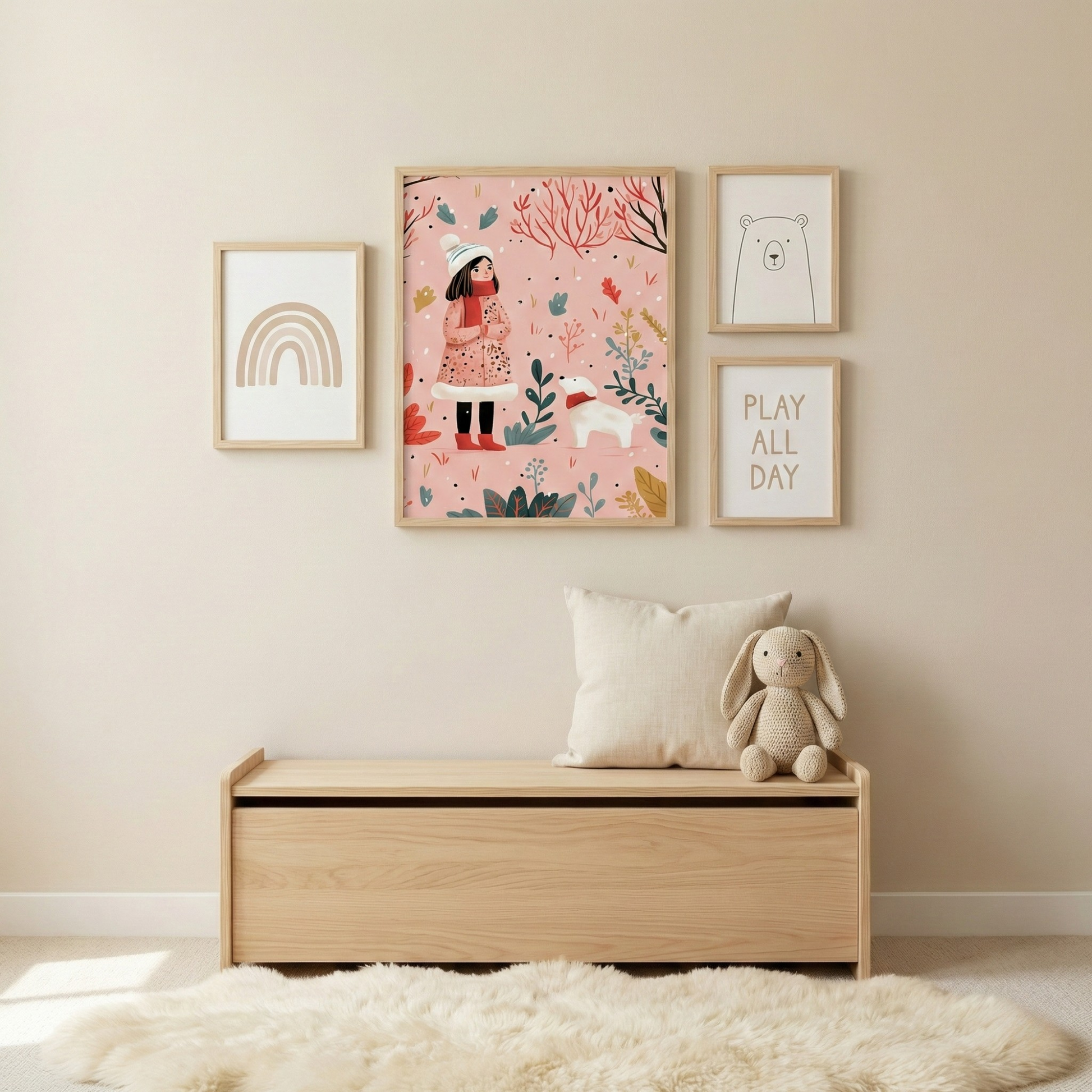 Girl with dog art poster featuring winter illustration for nursery wall decor