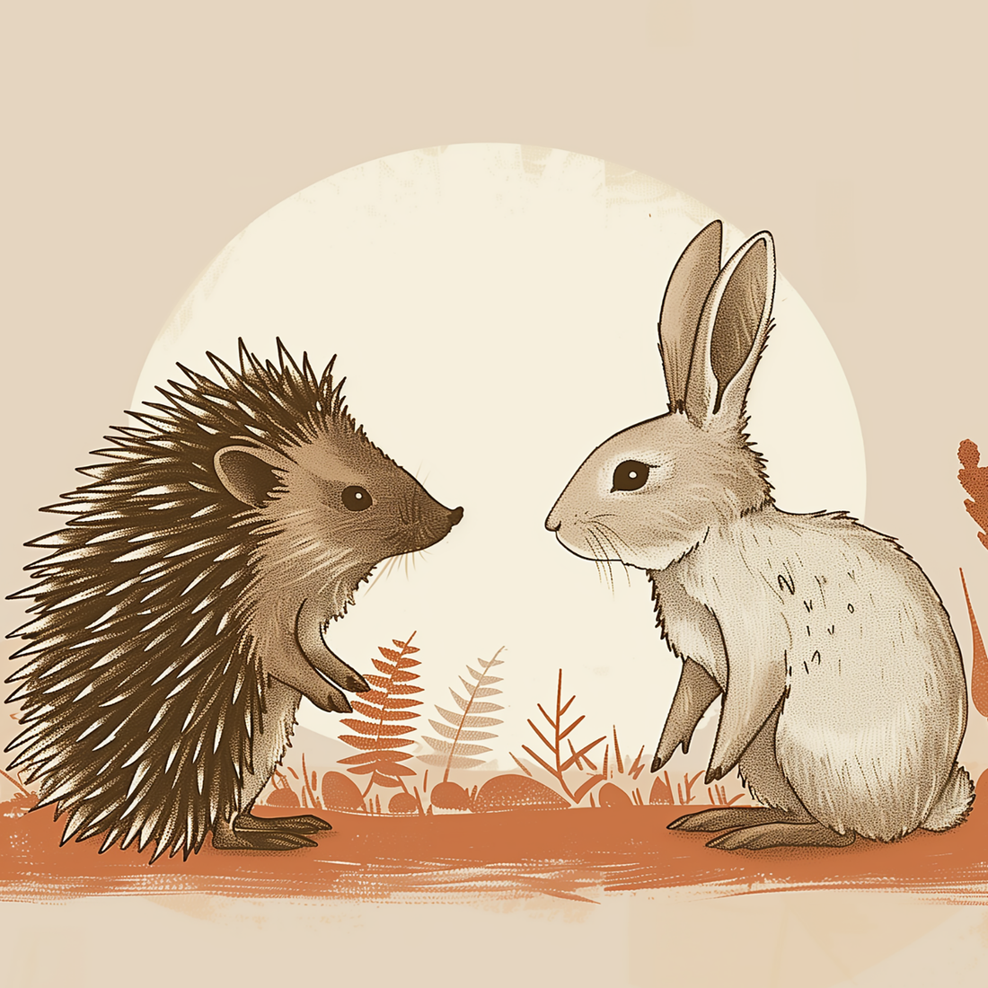 Elegant woodland illustration of a hedgehog and bunny, designed as charming nursery wall art