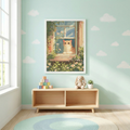 Modern cat poster featuring cute kitten in window with soft floral aesthetic decor