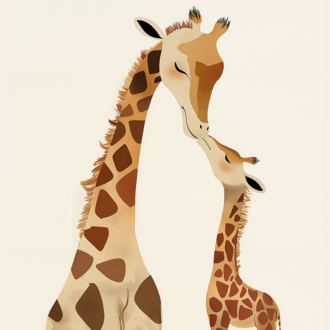 Tender moment of a mother and baby giraffe captured in soft safari-style nursery wall art
