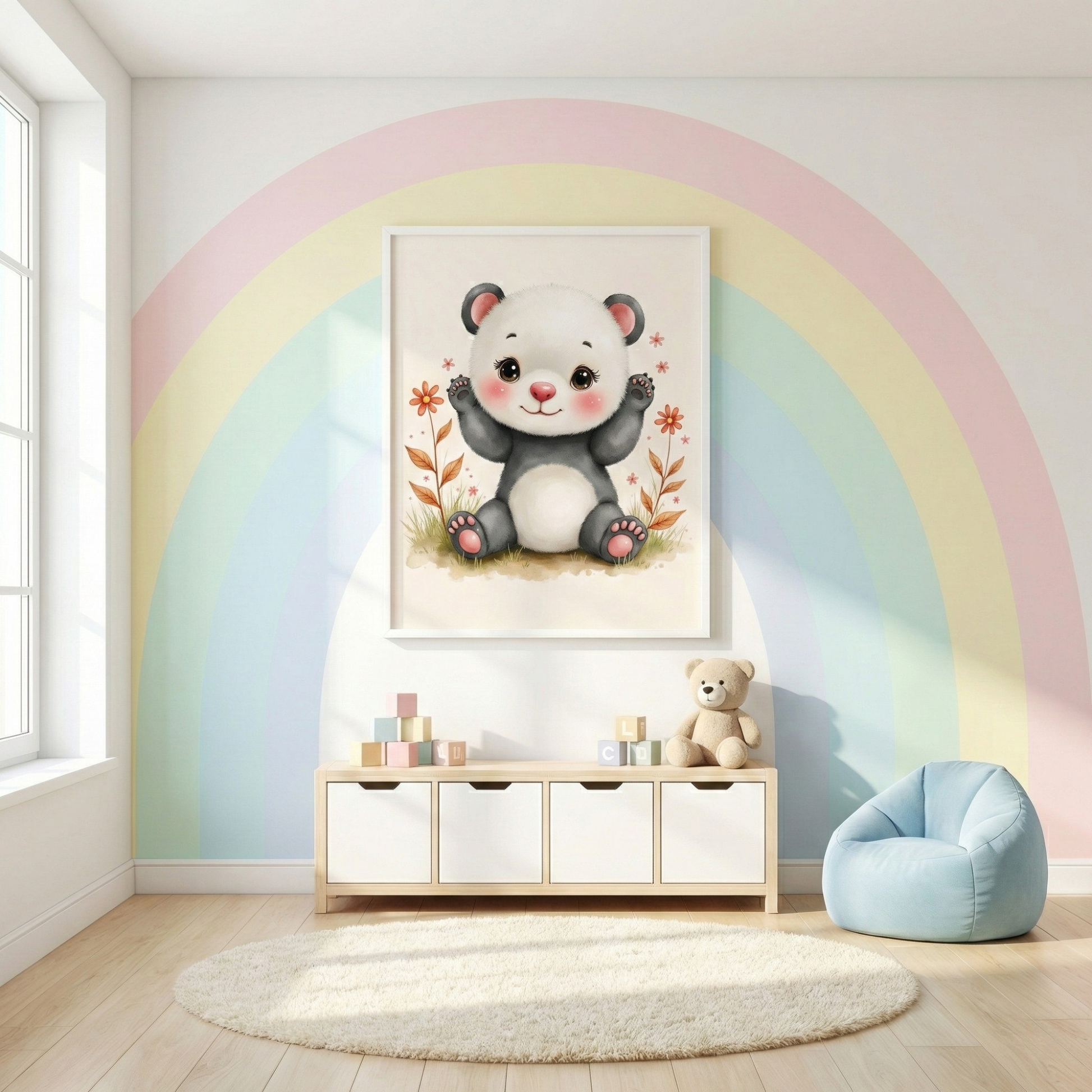 Panda illustration wall art with cute baby panda design for nursery room decor
