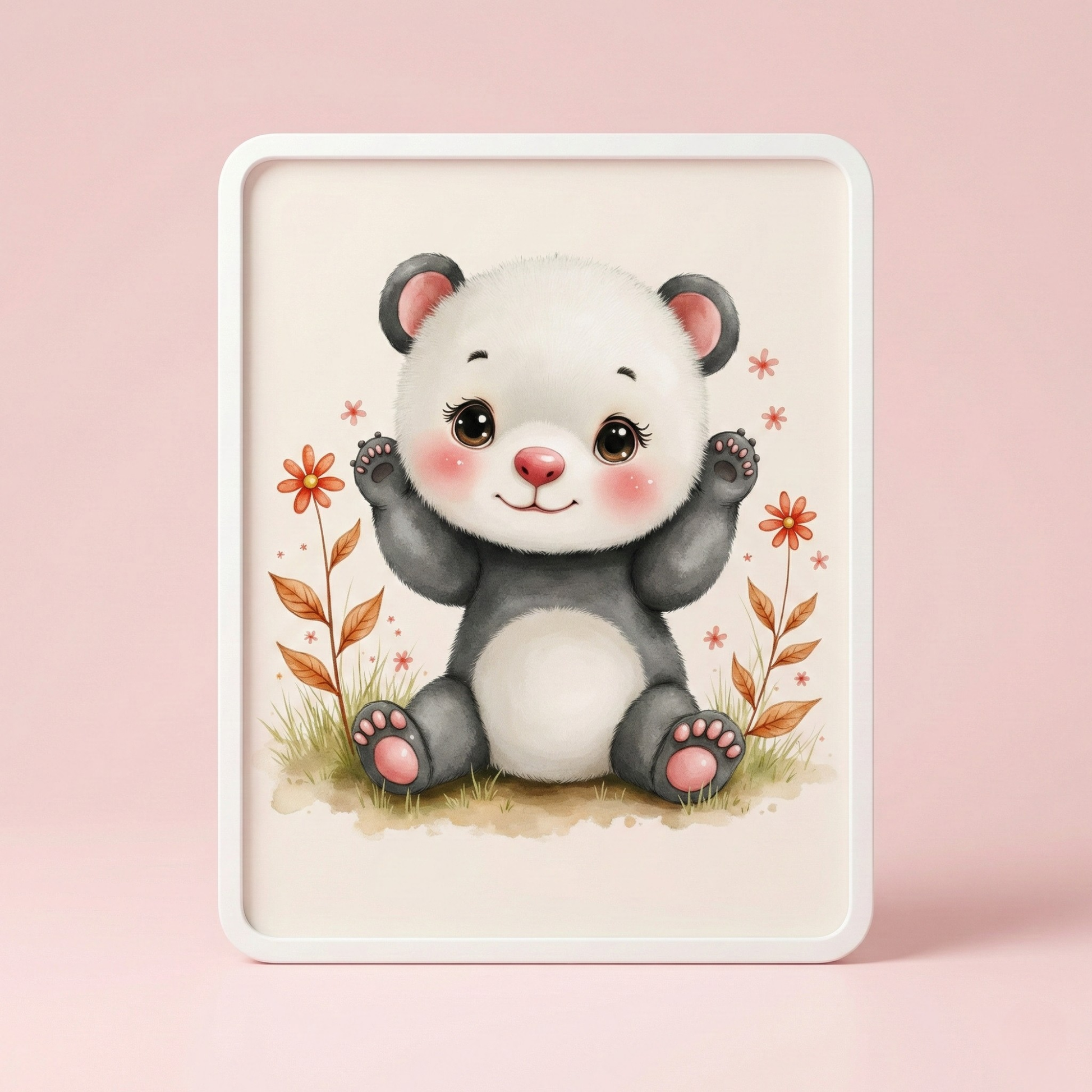 Panda nursery wall art featuring cute baby panda illustration for kids room decor