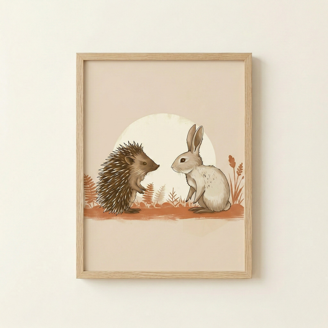 Elegant woodland illustration of a hedgehog and bunny, designed as charming nursery wall art