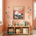 Sheep family matte poster with lamb nursery wall art in floral pastel kids room decor