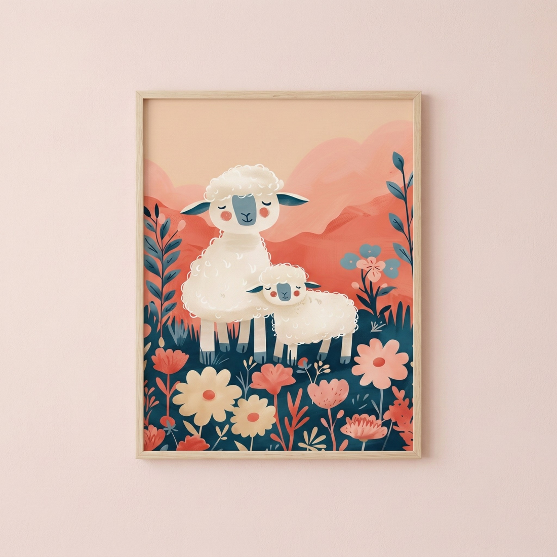 Sheep nursery wall art with lamb illustration in floral pastel design for baby room decor