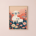 Sheep family poster with lamb nursery wall art in floral pastel design for baby room decor
