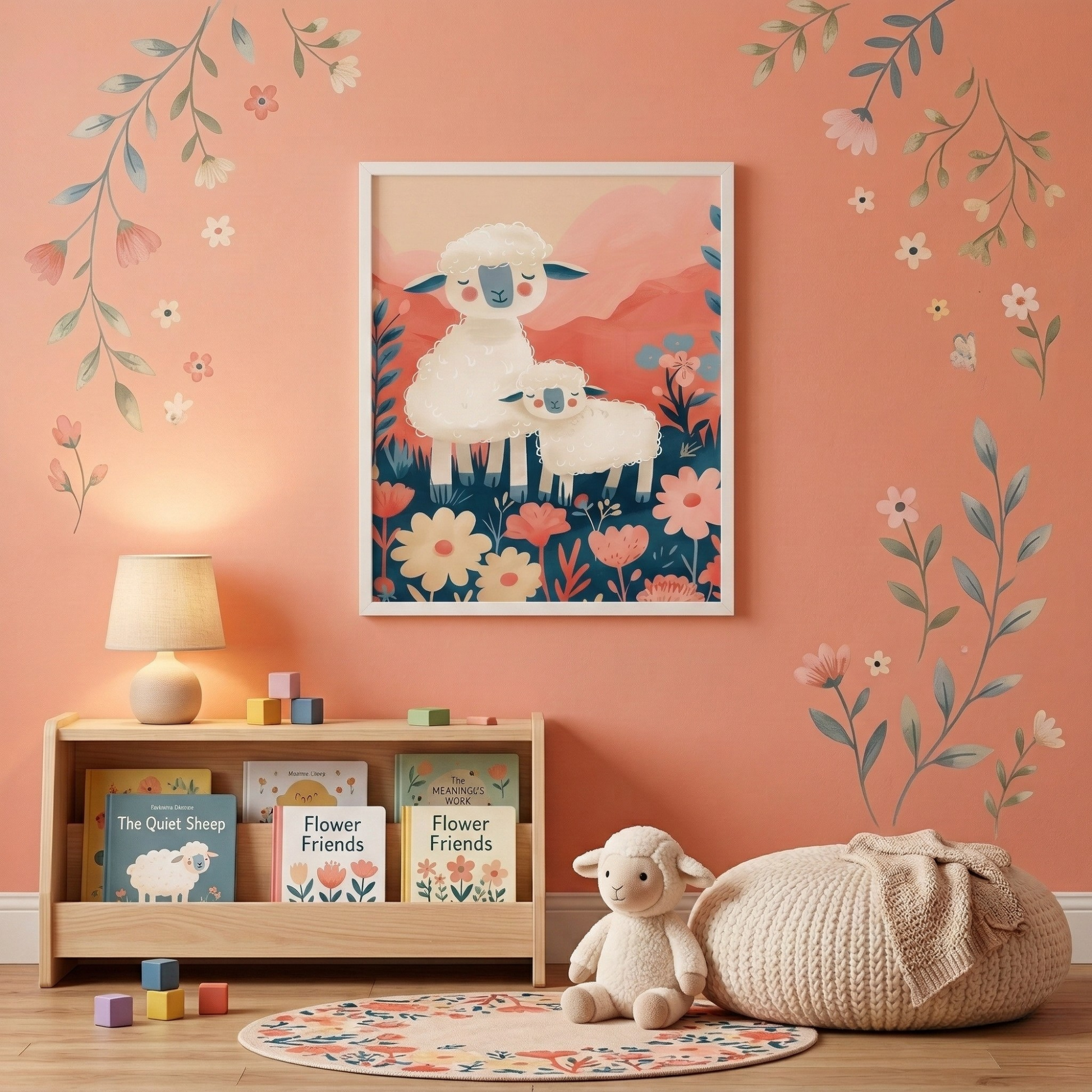 Sheep illustration poster with lamb nursery wall art in floral pastel baby room decor