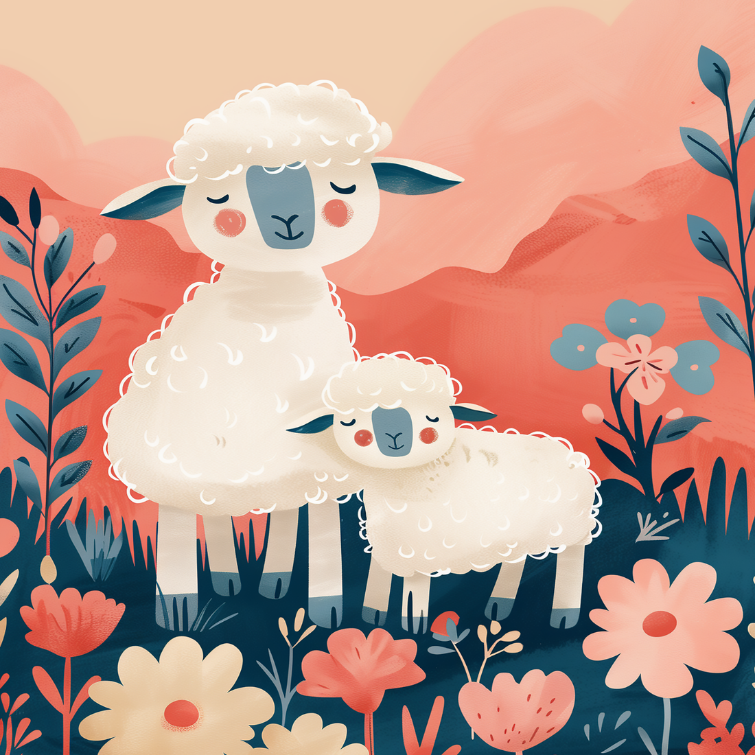Sheep nursery wall art with lamb illustration in floral pastel design for baby room decor