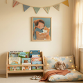 Shiba Inu kids room art featuring girl hugging dog in soft nursery-style illustration