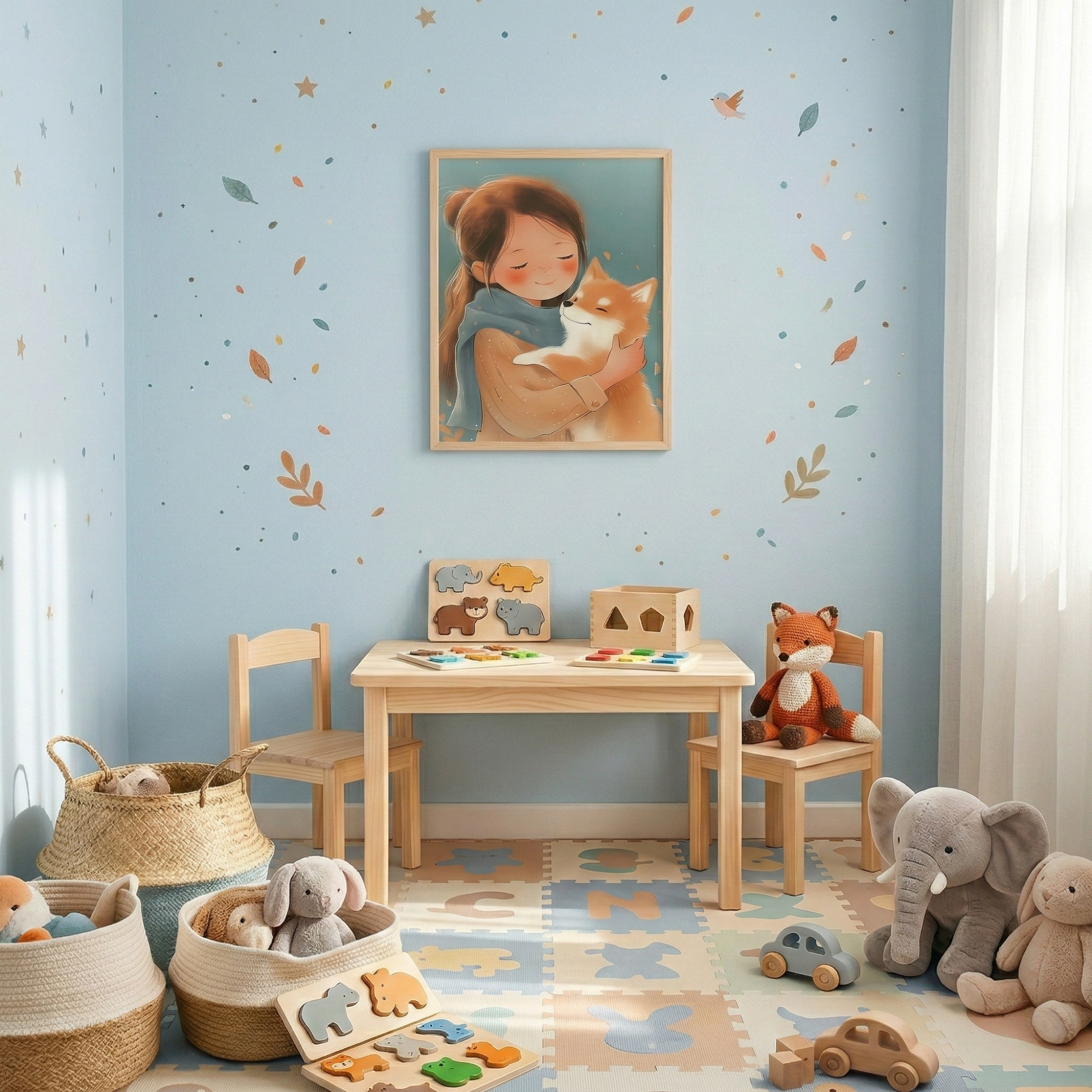 Shiba Inu nursery decor poster with girl hugging dog, soft pastel wall art for kids room