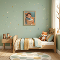 Framed artwork of a girl cuddling a Shiba Inu, soft pastel tones for a cozy nursery room