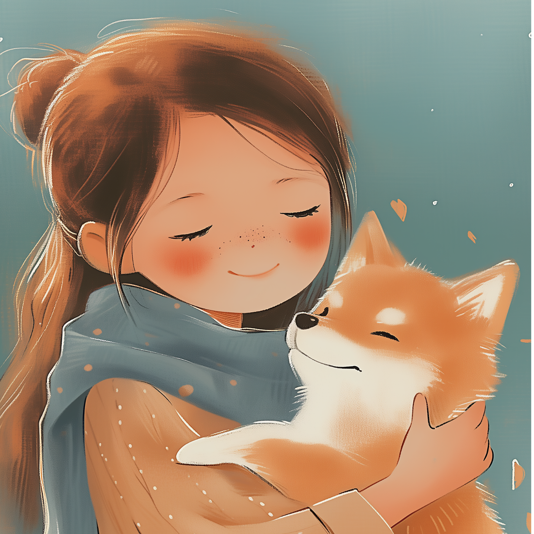 Shiba Inu wall art with girl hugging dog illustration in soft pastel kids room decor