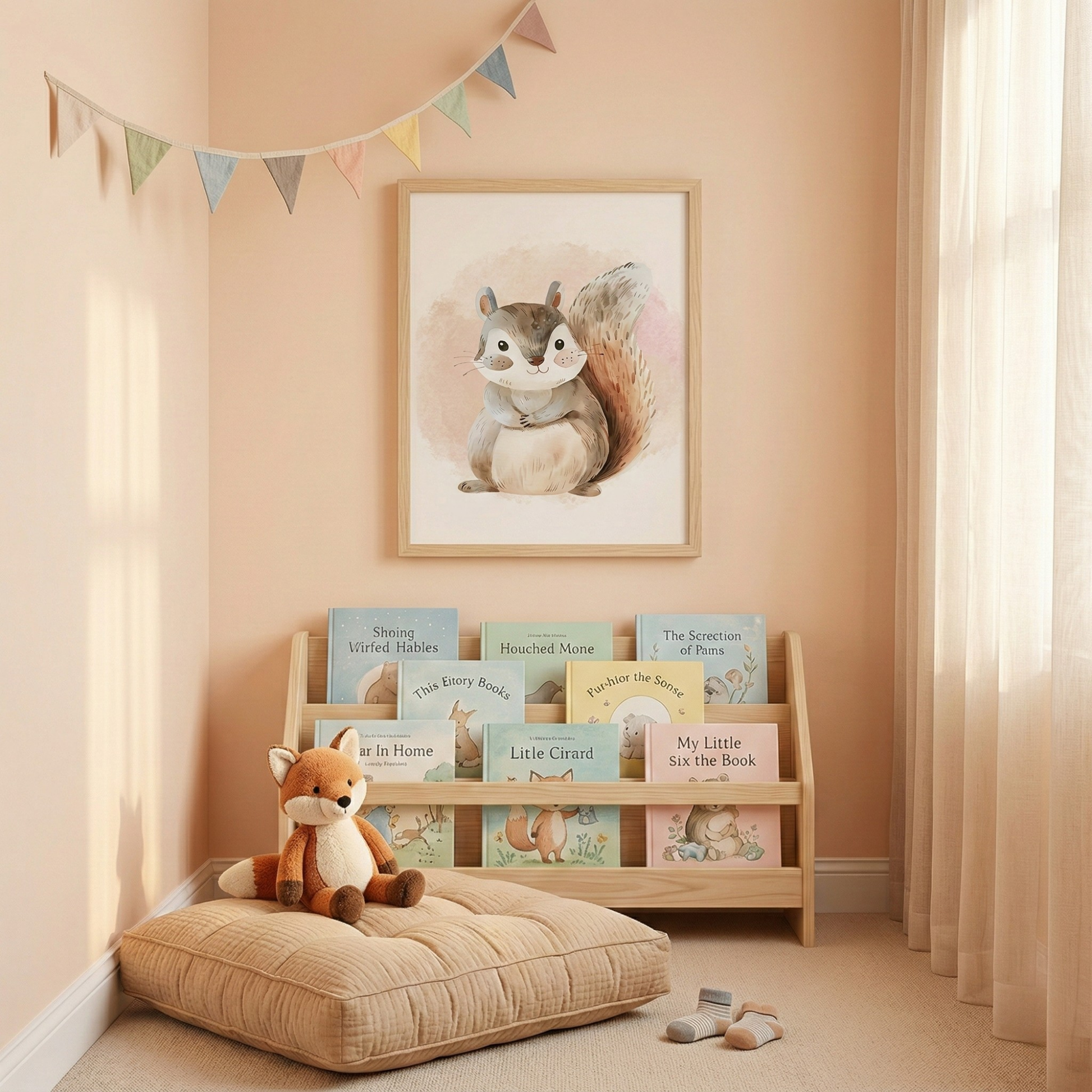 Squirrel illustration poster with cute woodland animal design for nursery wall decor