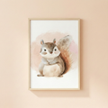 Squirrel nursery wall art with cute woodland animal illustration for baby room decor