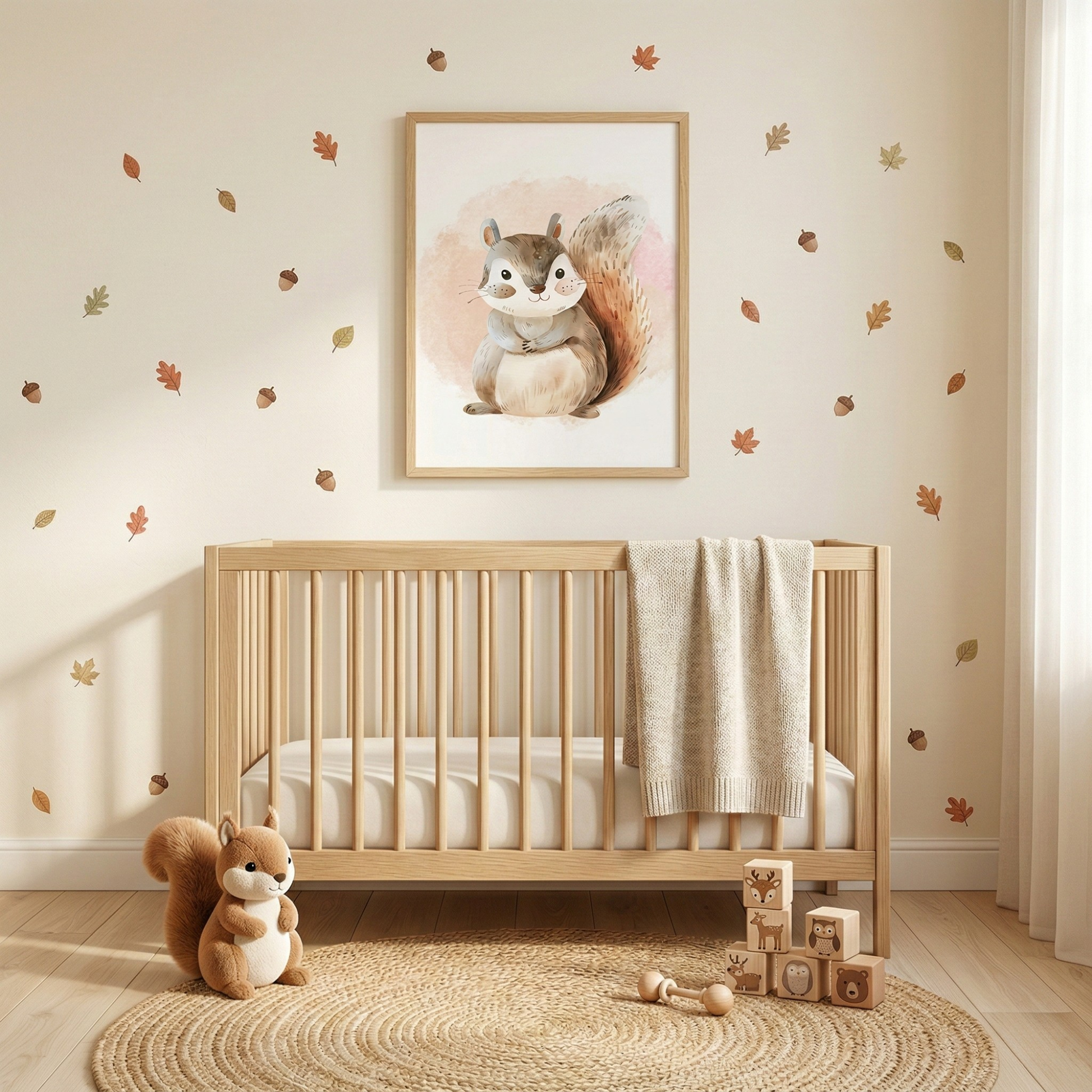 Squirrel wall art nursery with cute woodland animal illustration for kids room decor