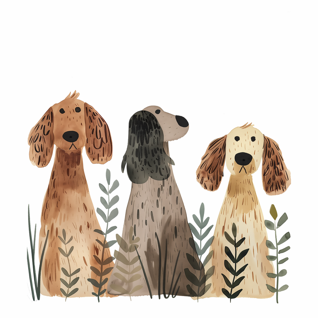 Trio dogs framed art print with cute dog illustration for nursery kids room decor