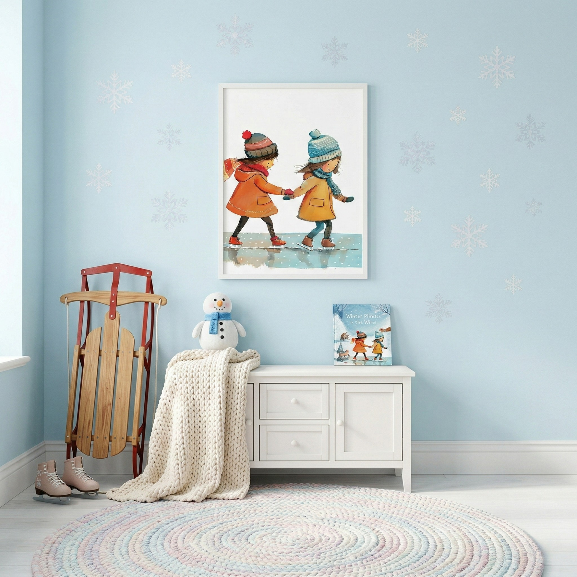 Two girls winter poster with kids ice skating illustration for nursery wall decor