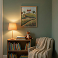 Cottage landscape nursery wall art with vintage house poster for kids room decor