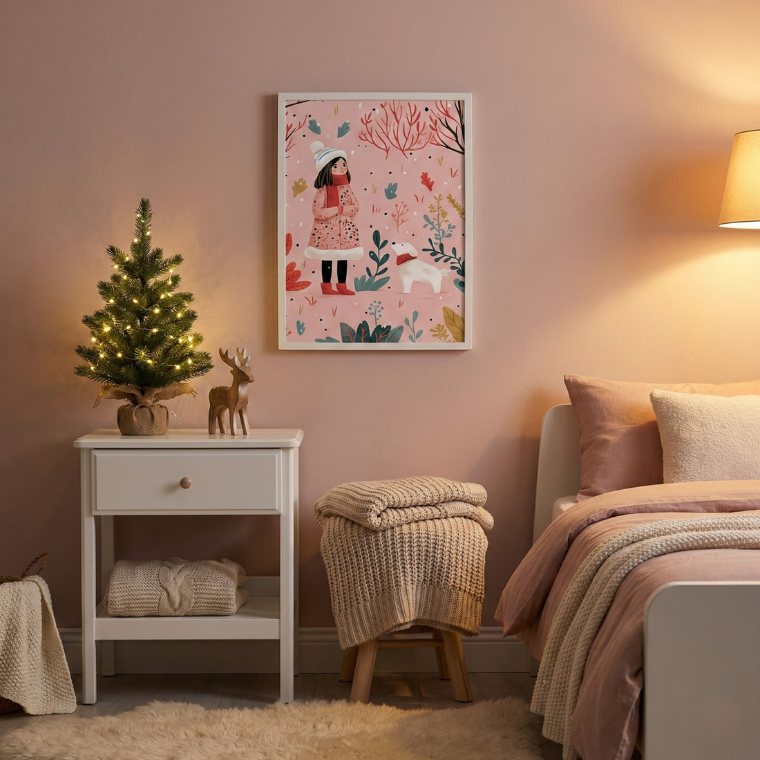 Vintage girl with dog poster featuring winter illustration for nursery wall decor